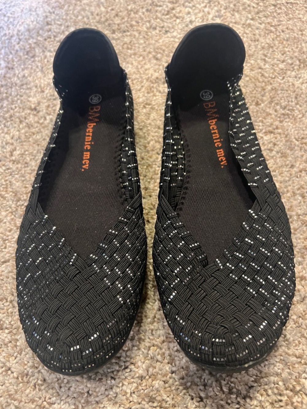 BERNIE MEV. size 8 (39) Black Woven Slip-On Ballet Flats Silver Accents NEW